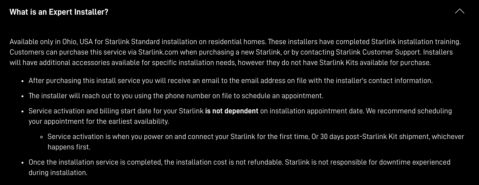 Starlink support article on expert installation